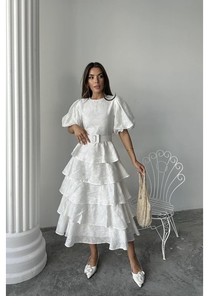 Ekru Kat Kat Balon Kollu Kemerli Elbise