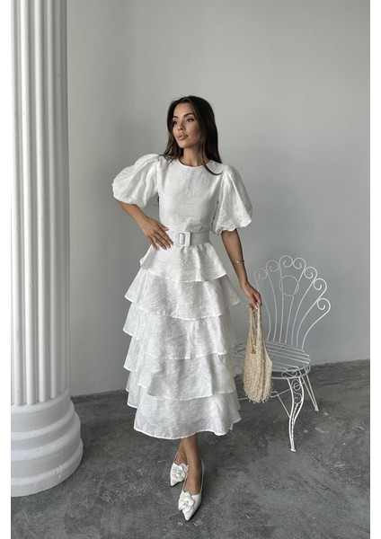 Ekru Kat Kat Balon Kollu Kemerli Elbise fiyatları