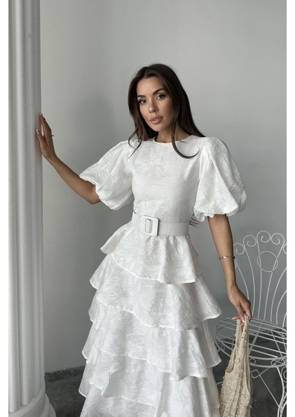 Ekru Kat Kat Balon Kollu Kemerli Elbise fırsatları