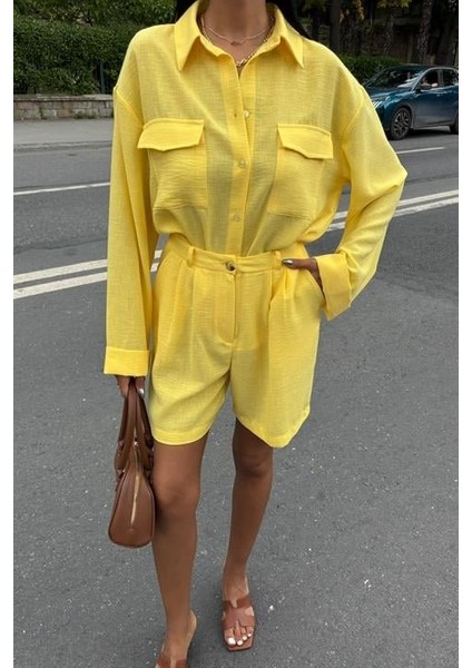 Gömlek ve Şort Flamlı Keten Takım 10130 modelleri