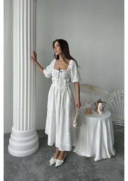 Beyaz Dantel Detaylı Brode Elbise modelleri