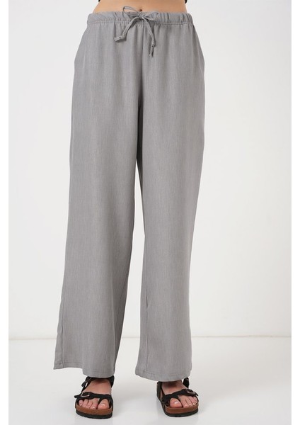 Geniş Paça Keten Pantolon 6735 - Gri