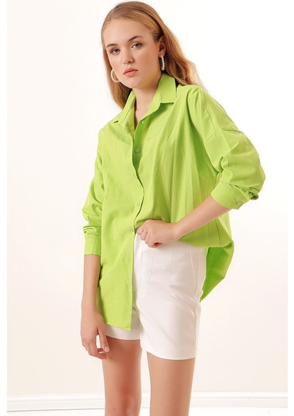 3900 Oversize Uzun Basic Gömlek - G.yeşil