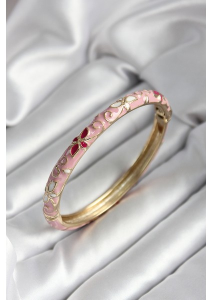 Erb Mineli Pirinç Pembe Çiçek Desenli Gold Renk Kadın Kelepçe