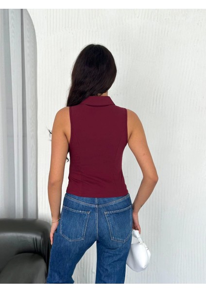 Yakalı Tam Fermuarlı Kolsuz Bluz - Bordo