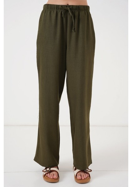 Geniş Paça Keten Pantolon 6735 - Haki fırsatları