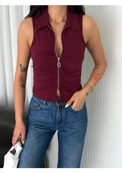 Yakalı Tam Fermuarlı Kolsuz Bluz - Bordo