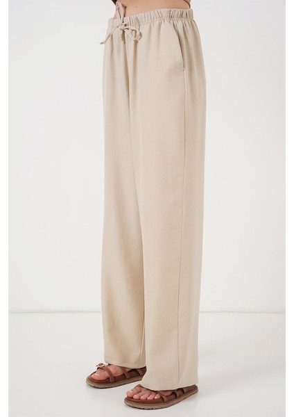 Geniş Paça Keten Pantolon 6735 - Krem