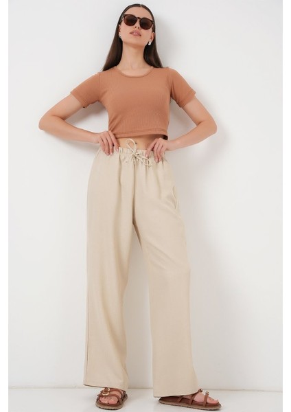Geniş Paça Keten Pantolon 6735 - Krem