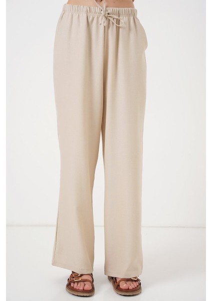 Geniş Paça Keten Pantolon 6735 - Krem
