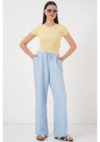 Geniş Paça Keten Pantolon 6735 - Mavi