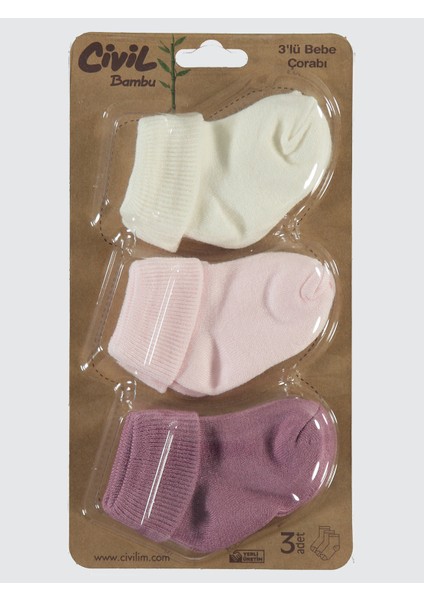 Kız Bebek 3'lü Çorap Set 0-24 Ay Pudra