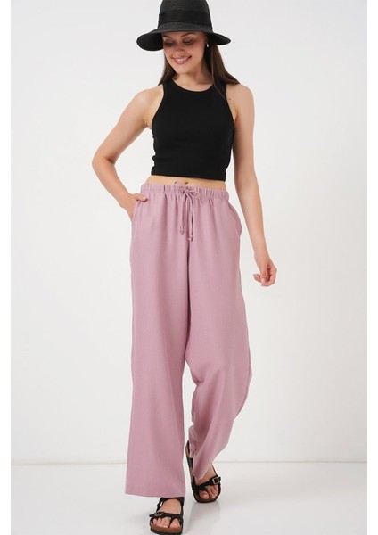 Geniş Paça Keten Pantolon 6735 - Gül Kurusu