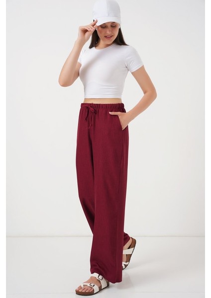 Geniş Paça Keten Pantolon 6735 - Bordo