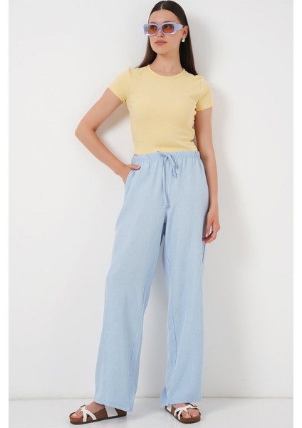 Geniş Paça Keten Pantolon 6735 - Mavi