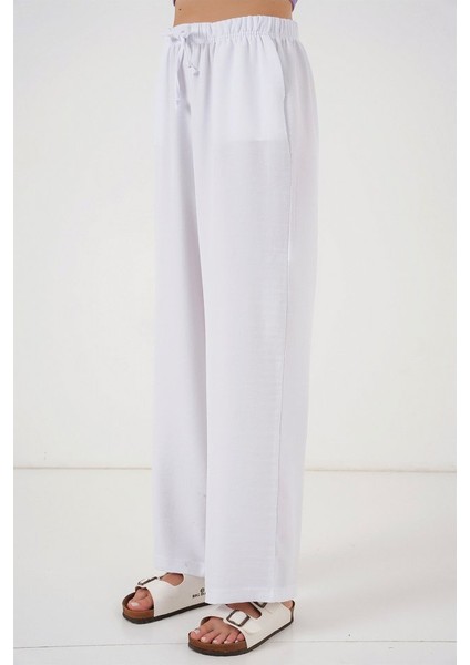 Geniş Paça Keten Pantolon 6735 - Beyaz
