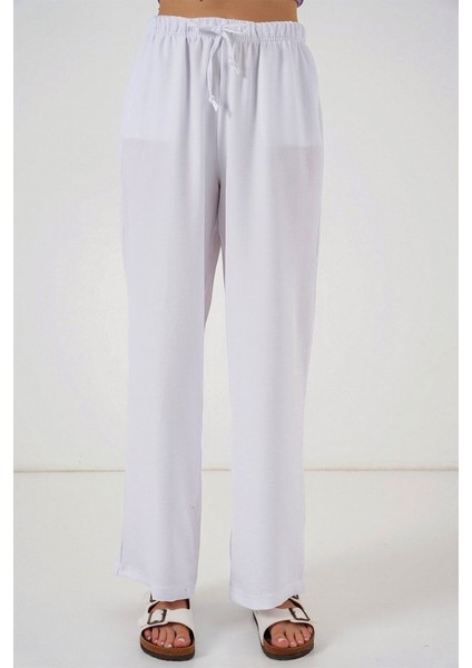 Geniş Paça Keten Pantolon 6735 - Beyaz