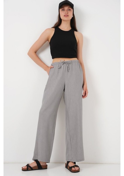 Geniş Paça Keten Pantolon 6735 - Gri
