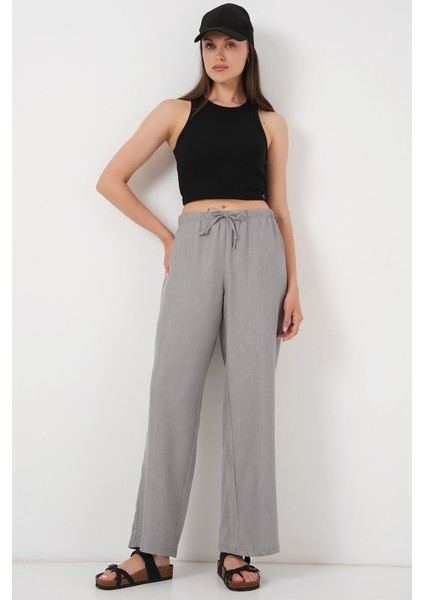 Geniş Paça Keten Pantolon 6735 - Gri