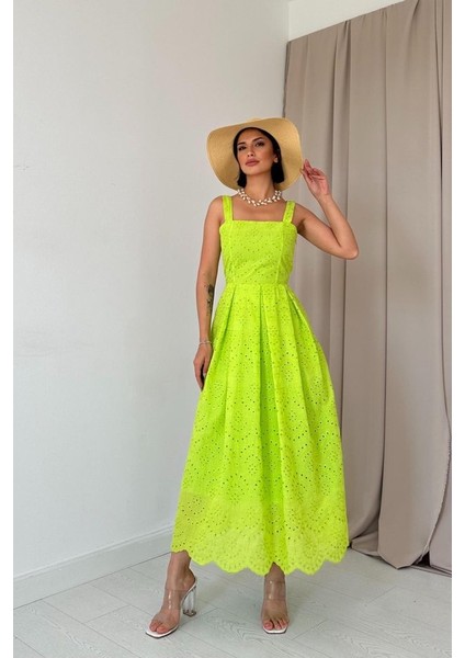 Yağ Yeşili Askılı Aparatlı Brode Elbise fırsatları