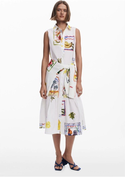 Gömlek Yaka Desenli Beyaz Uzun Kadın Elbise 25SWVW42