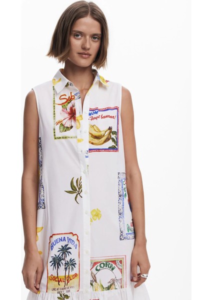 Gömlek Yaka Desenli Beyaz Uzun Kadın Elbise 25SWVW42 fiyatları