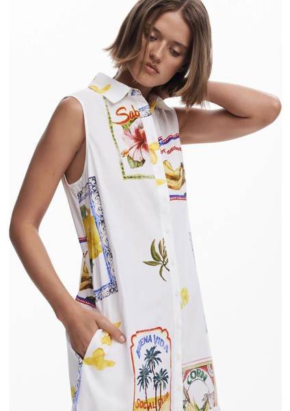 Gömlek Yaka Desenli Beyaz Uzun Kadın Elbise 25SWVW42 modelleri