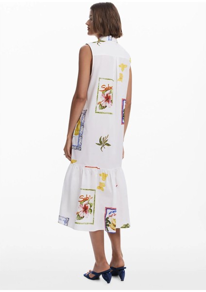 Gömlek Yaka Desenli Beyaz Uzun Kadın Elbise 25SWVW42 indirimleri