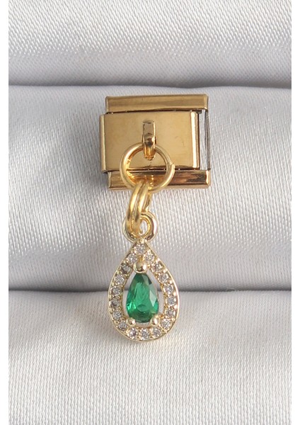 316L Çelik Gold Renk Sallantı Damla Yeşil Zirkon Taşlı Nomination Charm