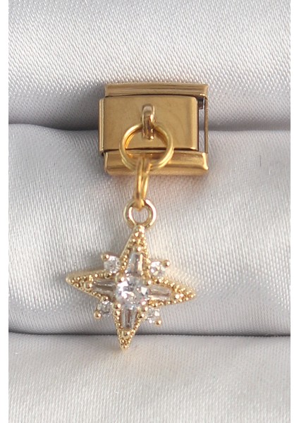 316L Çelik Gold Renk Sallantı Zirkon Taşlı Kutup Yıldız Model Nomination Charm