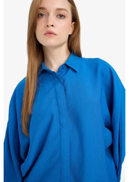 Relax Fit Basic Düz Keten Karışımlı Uzun Kollu Tesettür Gömlek Tunik D9702AX25SM