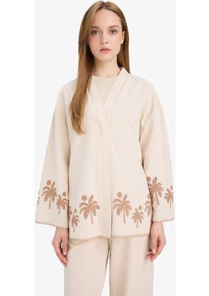 Relax Fit Baskılı Keten Karışımlı Uzun Kollu Kimono F1406AX25SM modelleri