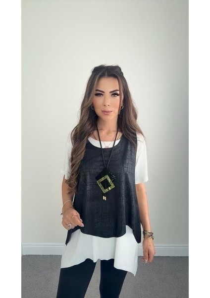Kadın Kısa Kollu Bisiklet Yaka Yelek Bluz Asimetrik Kesim Ikili Takım