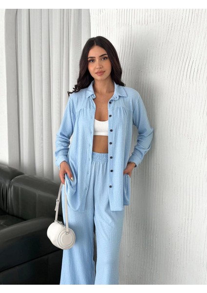 Yakalı Düğmeli Uzun Kollu Gömlek Pantolon Ikili Takım - Bebek Mavisi