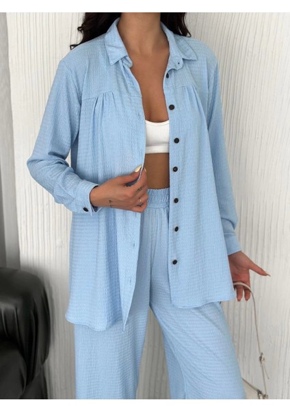 Yakalı Düğmeli Uzun Kollu Gömlek Pantolon Ikili Takım - Bebek Mavisi fiyatları