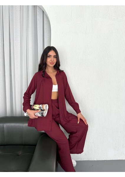 Yakalı Düğmeli Uzun Kollu Gömlek Pantolon Ikili Takım - Bordo
