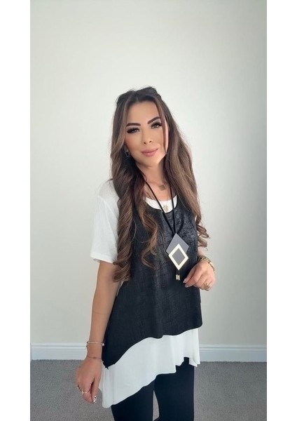 Kadın Kısa Kollu Bisiklet Yaka Yelek Bluz Asimetrik Kesim Ikili Takım fiyatları