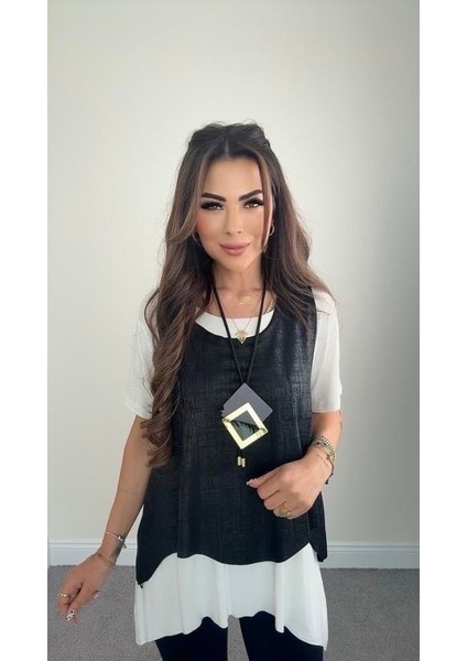 Kadın Kısa Kollu Bisiklet Yaka Yelek Bluz Asimetrik Kesim Ikili Takım modelleri