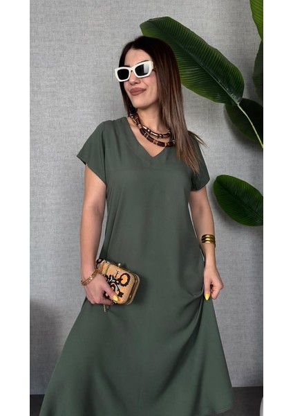 Aknbutik Kadın Kısa Kollu V Yaka Salaş Maxi Boy Elbise modelleri