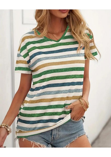 Kadın Kısa Kollu V Yaka Çizgili Süprem T-Shirt