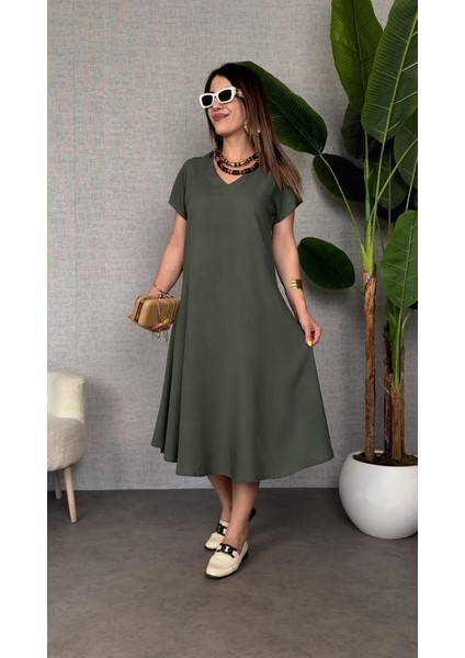 Kadın Kısa Kollu V Yaka Salaş Maxi Boy Elbise fiyatları