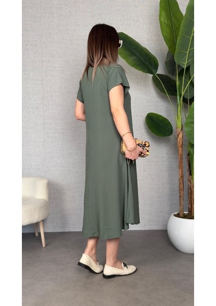 Kadın Kısa Kollu V Yaka Salaş Maxi Boy Elbise fırsatları