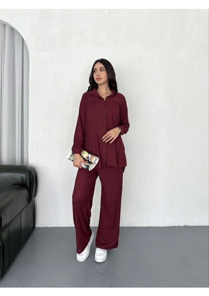 Yakalı Düğmeli Uzun Kollu Gömlek Pantolon Ikili Takım - Bordo