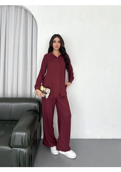 Yakalı Düğmeli Uzun Kollu Gömlek Pantolon Ikili Takım - Bordo