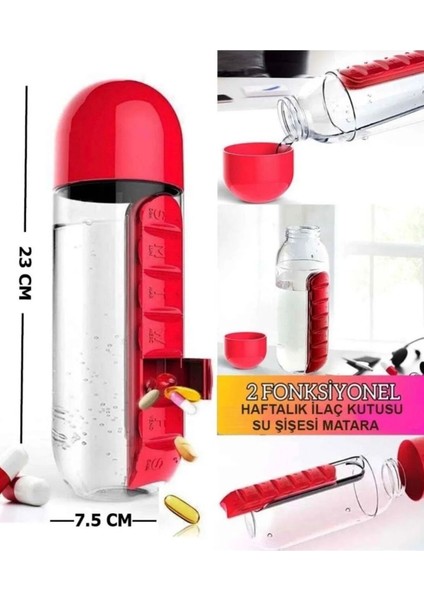 Renkli Ilaç Kutulu Matara Suluk 600ML 7 Günlük Hap Kutusu Organizer Spor Sızdırmaz Su Şişesi