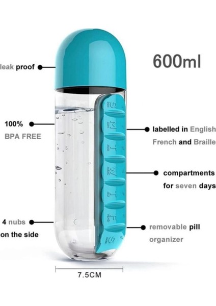 Renkli Ilaç Kutulu Matara Suluk 600ML 7 Günlük Hap Kutusu Organizer Spor Sızdırmaz Su Şişesi indirimleri