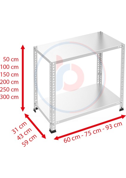 2 Katlı Galvaniz Çelik Raf - Depo, Arşiv, Kiler, Dosya, Market Rafı - 31x60 cm-50 cm-1.50 mm