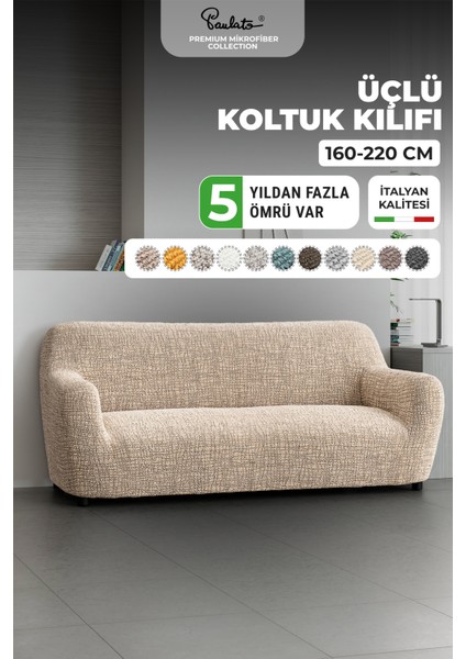 Lastikli Esnek ve Yıkanabilir 3 Kişilik Koltuk Örtüsü Çekyat Kanepe Kılıfı - Bej