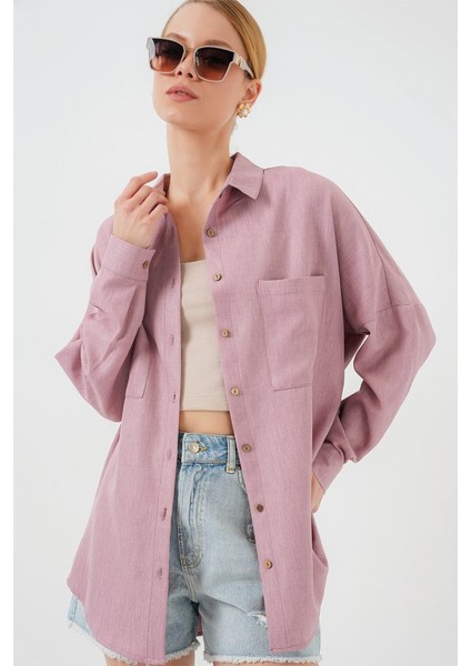 20126 Oversize Keten Gömlek - Gül Kurusu fırsatları