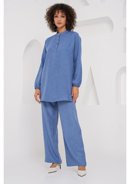 6678 Keten Tunik Pantolon Ikili Takım - Indigo